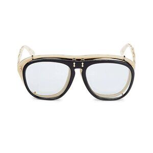 GUCCI AUTHENTIC 0128 Horn Black Blue Clip Retro Aviator Sunglasses GG0128S 008